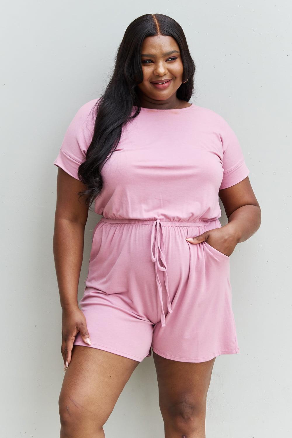 Zenana Chilled Out Full Size Short Sleeve Romper in Light Carnation Pink - Crazy Like a Daisy Boutique
