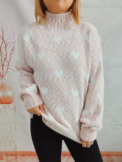 Heart Heathered Turtleneck Drop Shoulder Sweater - Crazy Like a Daisy Boutique