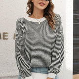 Striped Round Neck Dropped Shoulder Sweater - Crazy Like a Daisy Boutique #