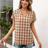 Plaid Notched Short Sleeve Blouse - Crazy Like a Daisy Boutique #