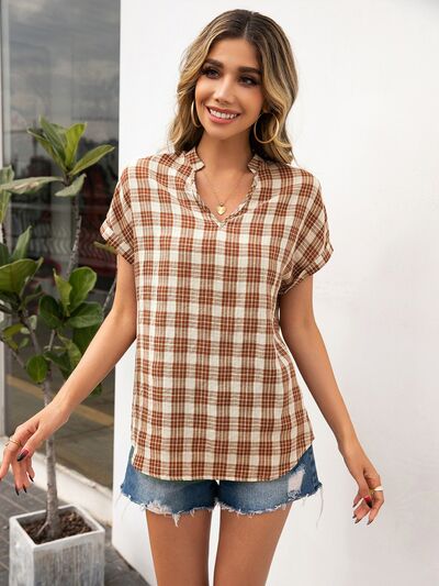 Plaid Notched Short Sleeve Blouse - Crazy Like a Daisy Boutique #