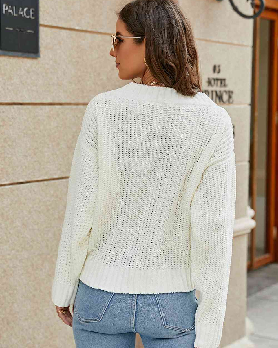 Openwork Surplice Long Sleeve Sweater - Crazy Like a Daisy Boutique