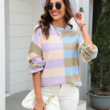 Round Neck Long Sleeve Color Block Dropped Shoulder Pullover Sweater - Crazy Like a Daisy Boutique