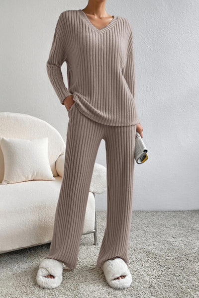 Ribbed V-Neck Top and Pants Set - Crazy Like a Daisy Boutique #