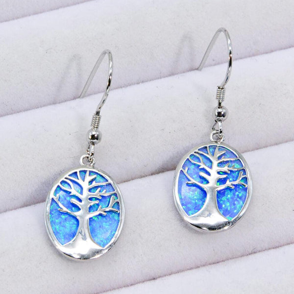 Blue Opal Tree of Life Platinum-Plated Drop Earrings - Crazy Like a Daisy Boutique