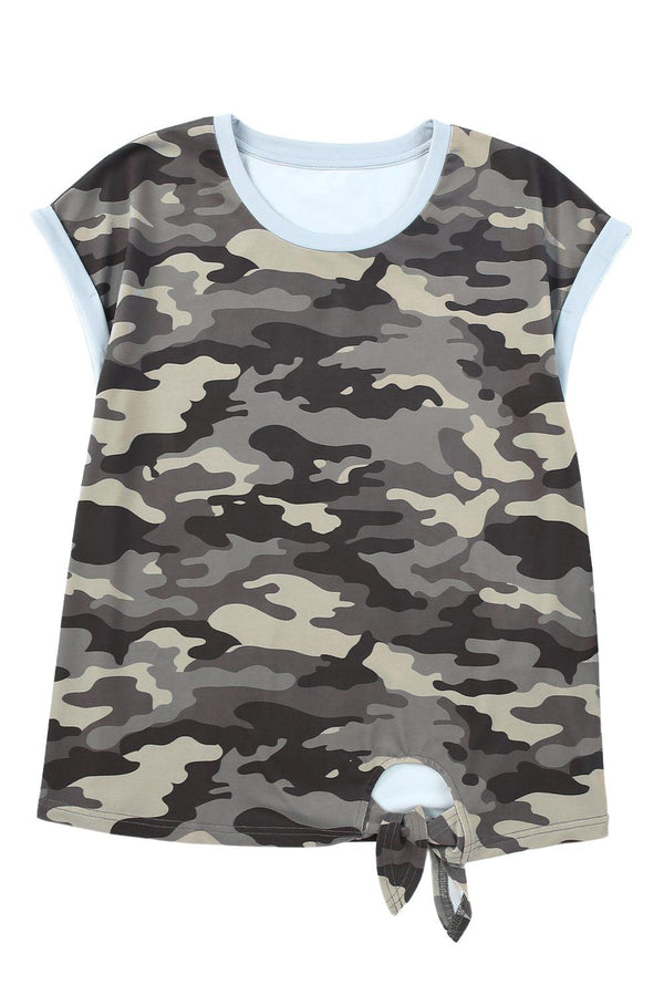 Camouflage Print Round Neck Tie Hem Tee - Crazy Like a Daisy Boutique #