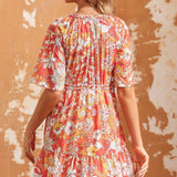 Floral Print V-Neck Short Sleeve Frill Trim Mini Dress - Crazy Like a Daisy Boutique