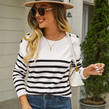 Round Neck Shoulder Button Striped Pullover Sweater - Crazy Like a Daisy Boutique #