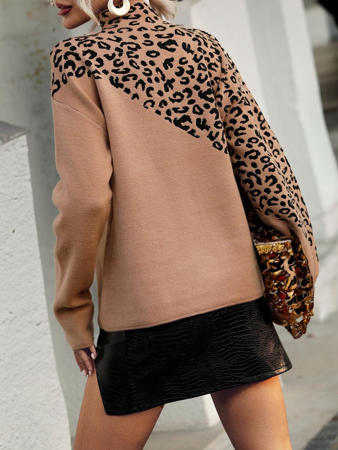 Leopard Mock Neck Dropped Shoulder Sweater - Crazy Like a Daisy Boutique #