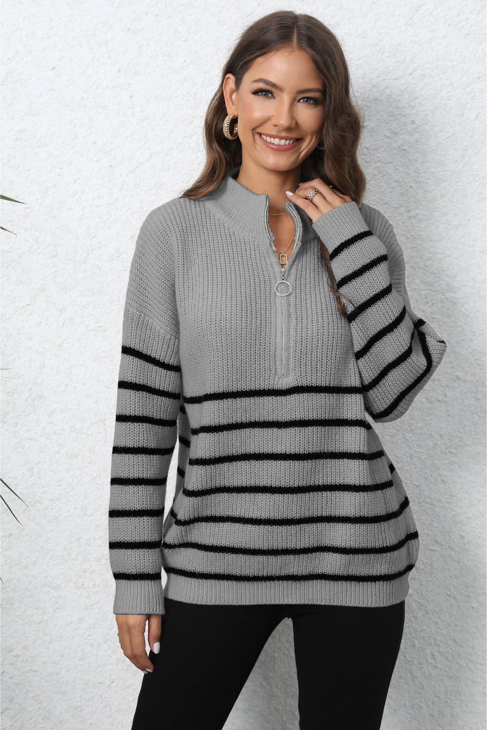 Mock Neck Long Sleeve Zip-Up Sweater - Crazy Like a Daisy Boutique