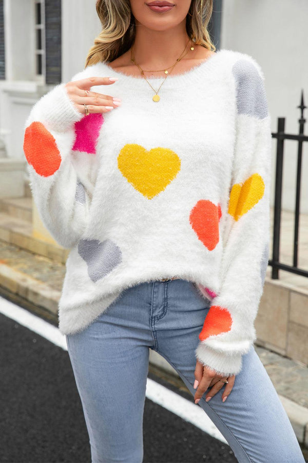 Heart Pattern Round Neck Long Sleeve Sweater - Crazy Like a Daisy Boutique #