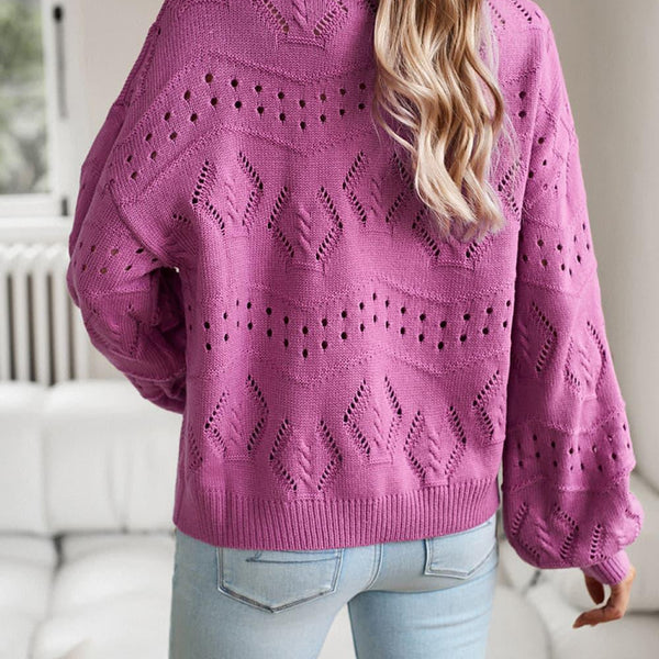 Openwork Long Sleeve Notched Neck Sweater - Crazy Like a Daisy Boutique #