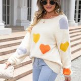 Heart Pattern Round Neck Long Sleeve Sweater - Crazy Like a Daisy Boutique