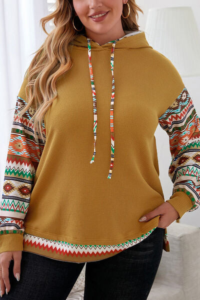 Plus Size Waffle-Knit Geometric Dropped Shoulder Hoodie - Crazy Like a Daisy Boutique