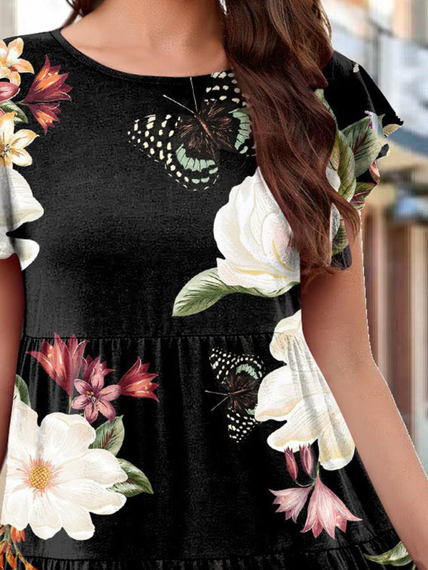 Printed Round Neck Tiered Dress - Crazy Like a Daisy Boutique #