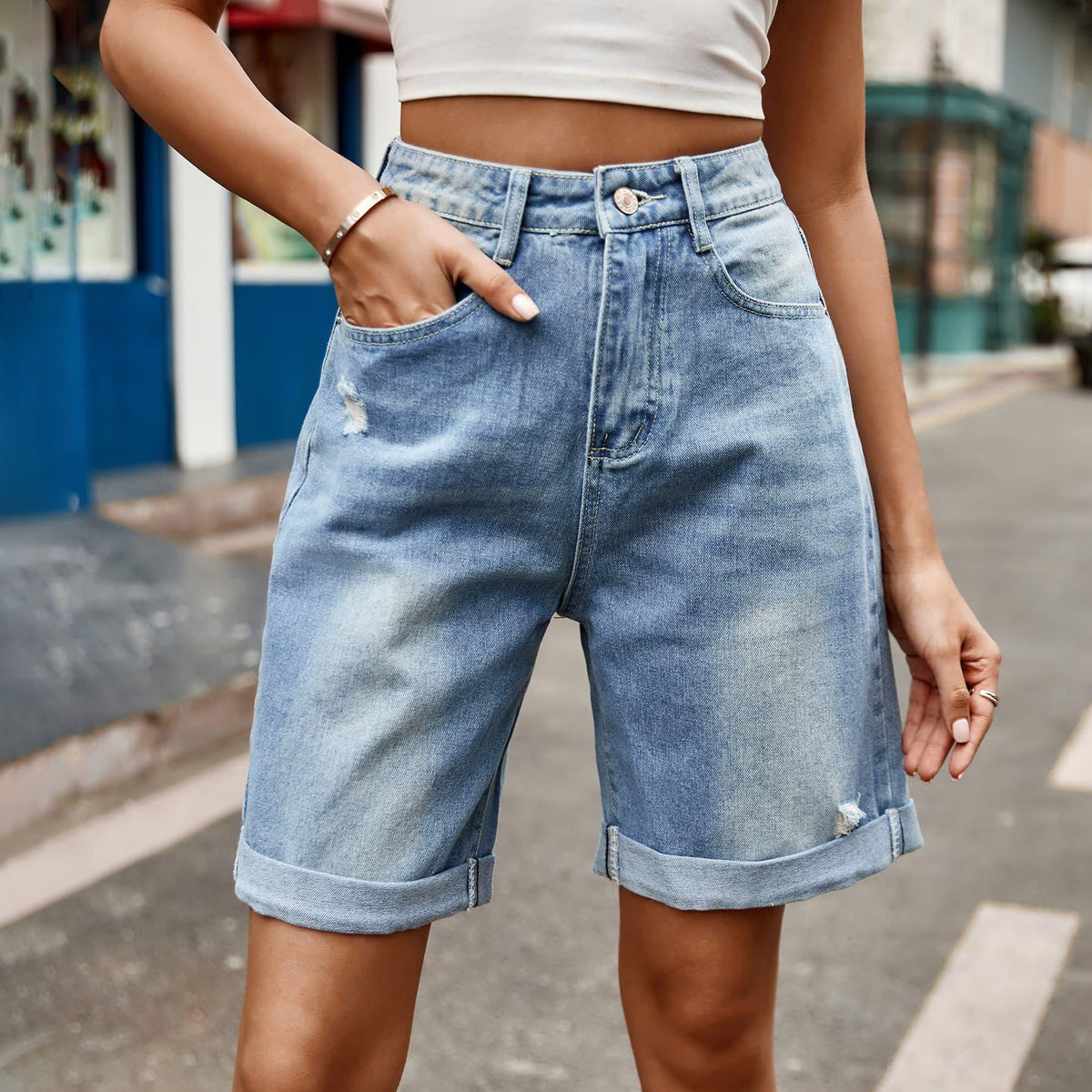 Distressed Buttoned Denim Shorts with Pockets - Crazy Like a Daisy Boutique #