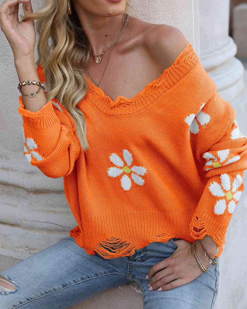 Flower Distressed Long Sleeve Sweater - Crazy Like a Daisy Boutique
