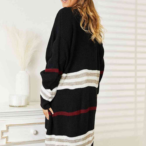 Double Take Striped Rib-Knit Drop Shoulder Open Front Cardigan - Crazy Like a Daisy Boutique #