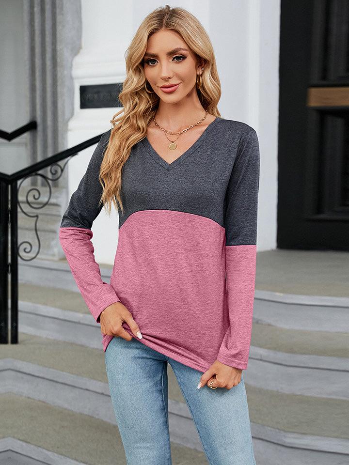 V-Neck Long Sleeve Two-Tone T-Shirt - Crazy Like a Daisy Boutique