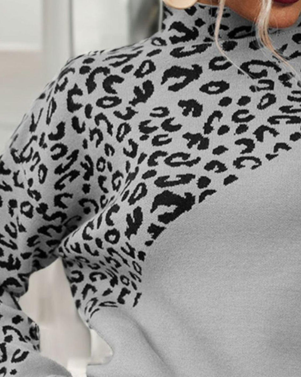 Leopard Mock Neck Dropped Shoulder Sweater - Crazy Like a Daisy Boutique