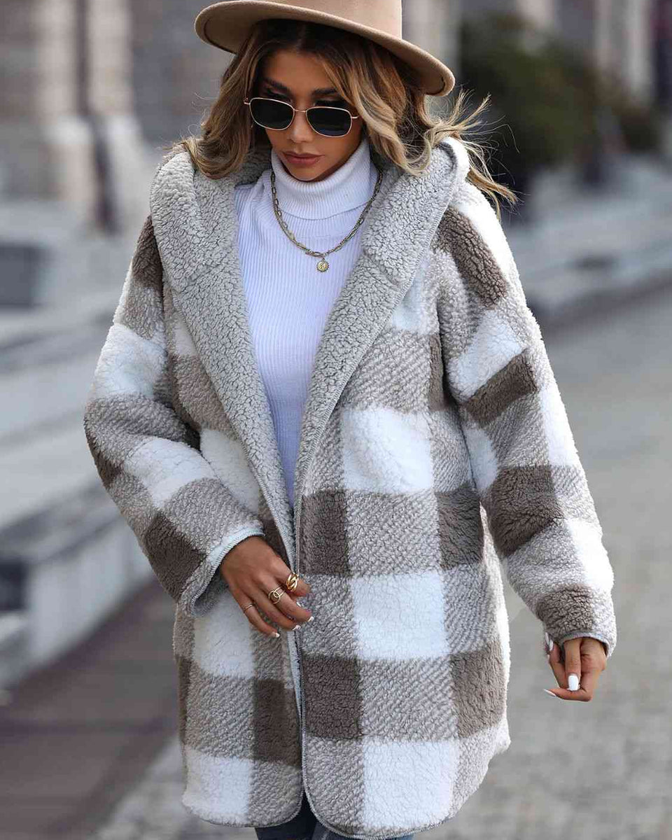 Plaid Open Front Hooded Coat