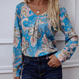 Printed V-Neck Long Sleeve Blouse - Crazy Like a Daisy Boutique