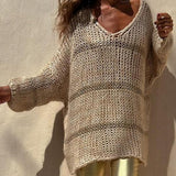 Openwork V-Neck Long Sleeve Sweater - Crazy Like a Daisy Boutique #