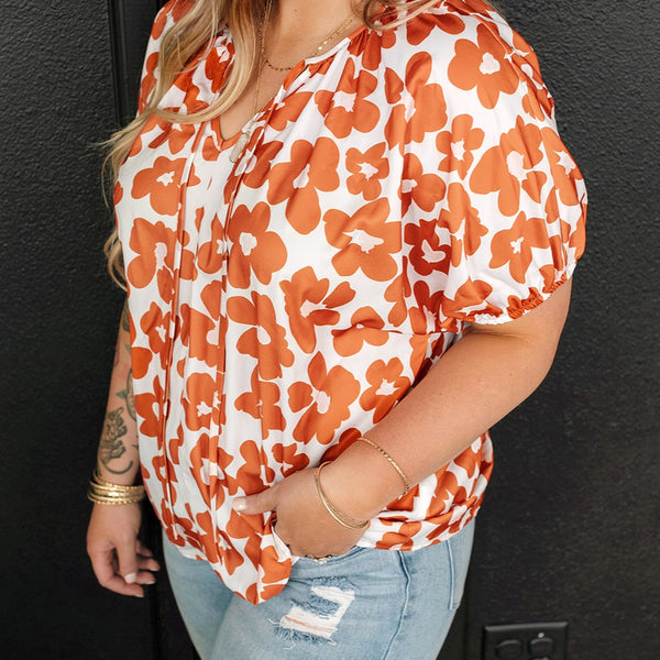 Plus Size Printed Tie Neck Short Sleeve Blouse - Crazy Like a Daisy Boutique #