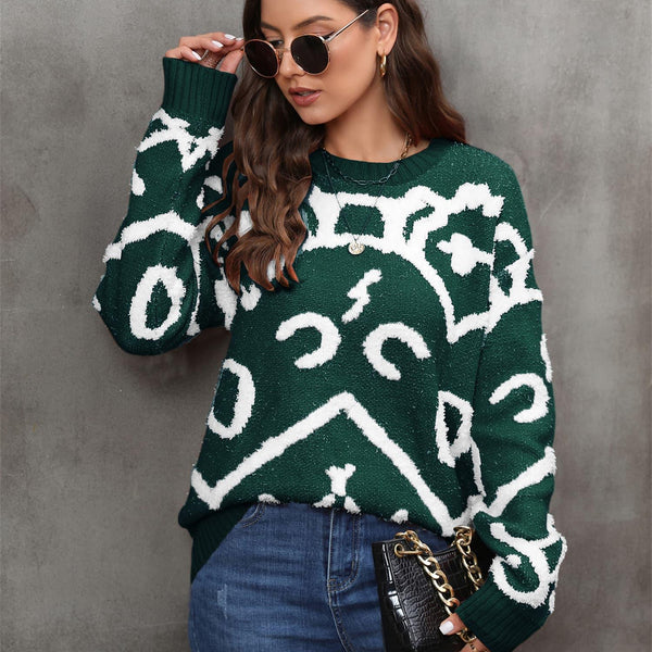 Printed Round Neck Dropped Shoulder Sweater - Crazy Like a Daisy Boutique #