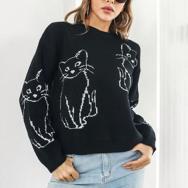 Cat Pattern Round Neck Long Sleeve Pullover Sweater - Crazy Like a Daisy Boutique #
