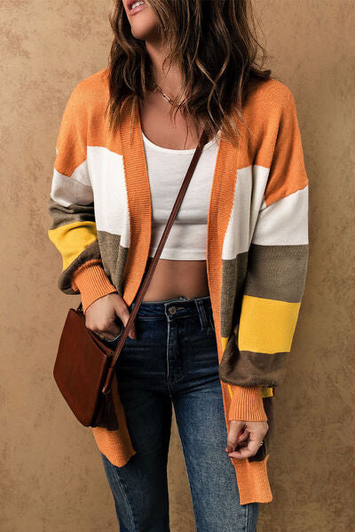Color Block Lantern Sleeve Open Front Cardigan with Pockets - Crazy Like a Daisy Boutique #