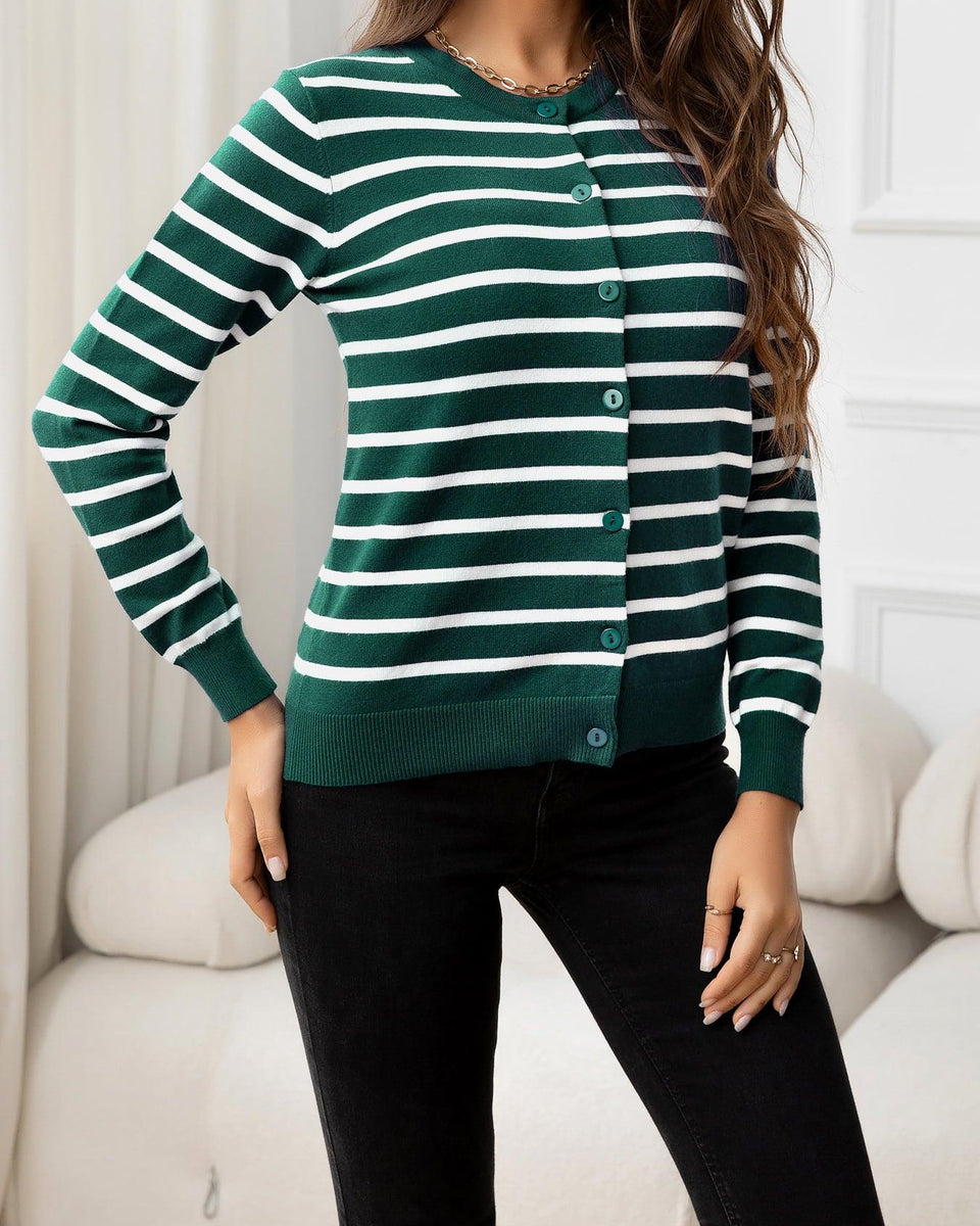 Striped Round Neck Long Sleeve Buttoned Knit Top - Crazy Like a Daisy Boutique