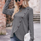 Ribbed Round Neck Buttoned Long Sleeve Tee - Crazy Like a Daisy Boutique