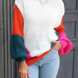 Color Block Round Neck Drop Shoulder Sweater - Crazy Like a Daisy Boutique