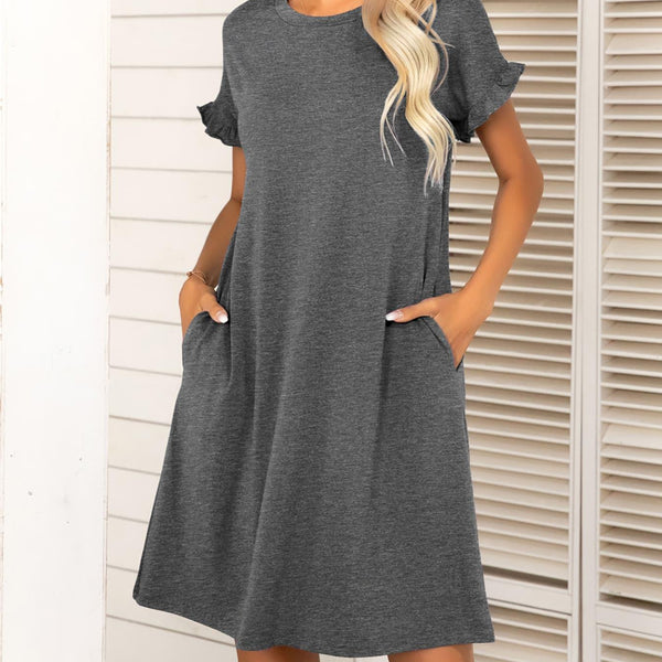 Round Neck Flounce Sleeve Dress with Pockets - Crazy Like a Daisy Boutique