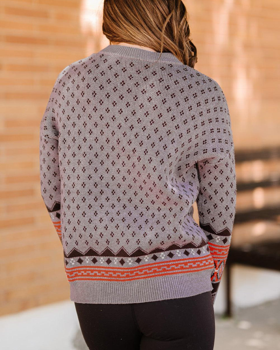 Geometrical Pattern Round Neck Dropped Shoulder Pullover Sweater - Crazy Like a Daisy Boutique