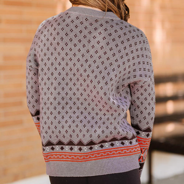 Geometrical Pattern Round Neck Dropped Shoulder Pullover Sweater - Crazy Like a Daisy Boutique #