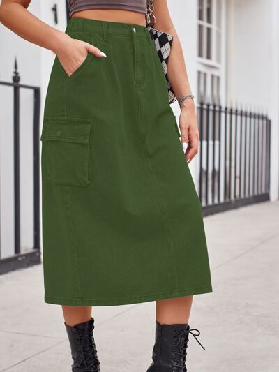Slit Buttoned Denim Skirt with Pockets - Crazy Like a Daisy Boutique #