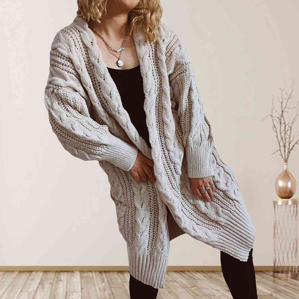Cable-Knit Open Front Dropped Shoulder Cardigan - Crazy Like a Daisy Boutique #