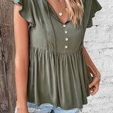 Buttoned Tie Neck Flutter Sleeve Babydoll Top - Crazy Like a Daisy Boutique #
