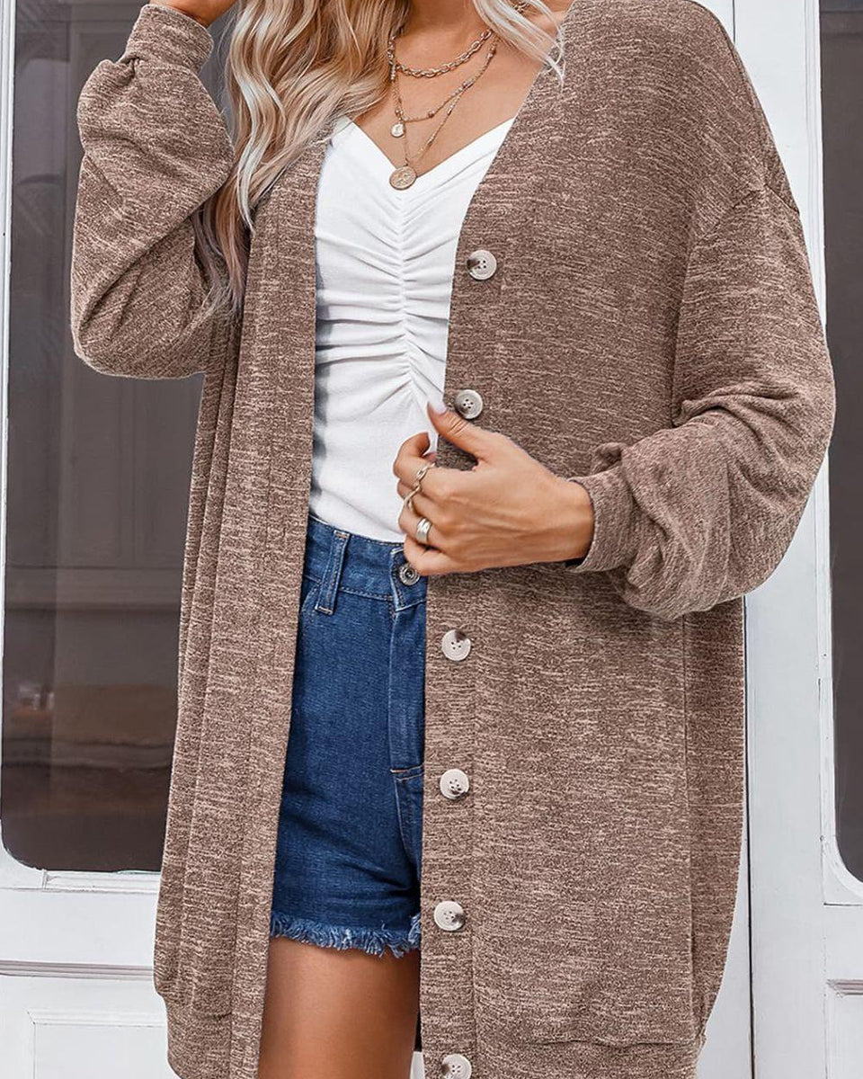 Buttoned V-Neck Long Sleeve Cardigans - Crazy Like a Daisy Boutique