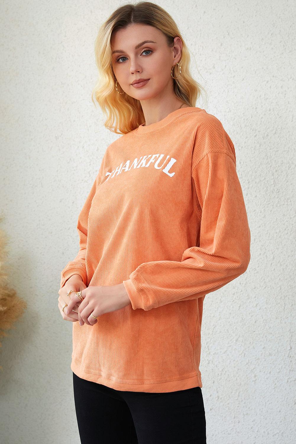 Round Neck Dropped Shoulder THANKFUL Graphic Sweatshirt - Crazy Like a Daisy Boutique #