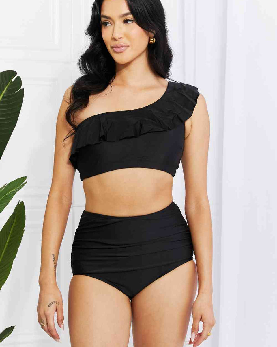Black And Ruffle Shoulder Swim Skirt Bikini Set – shopvelora.co