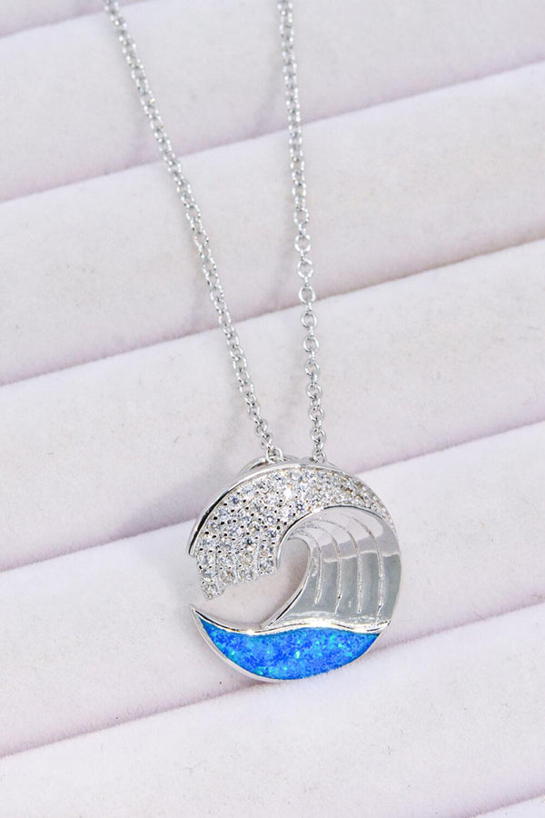Blue Opal and Zircon Wave Pendant Necklace - Crazy Like a Daisy Boutique #