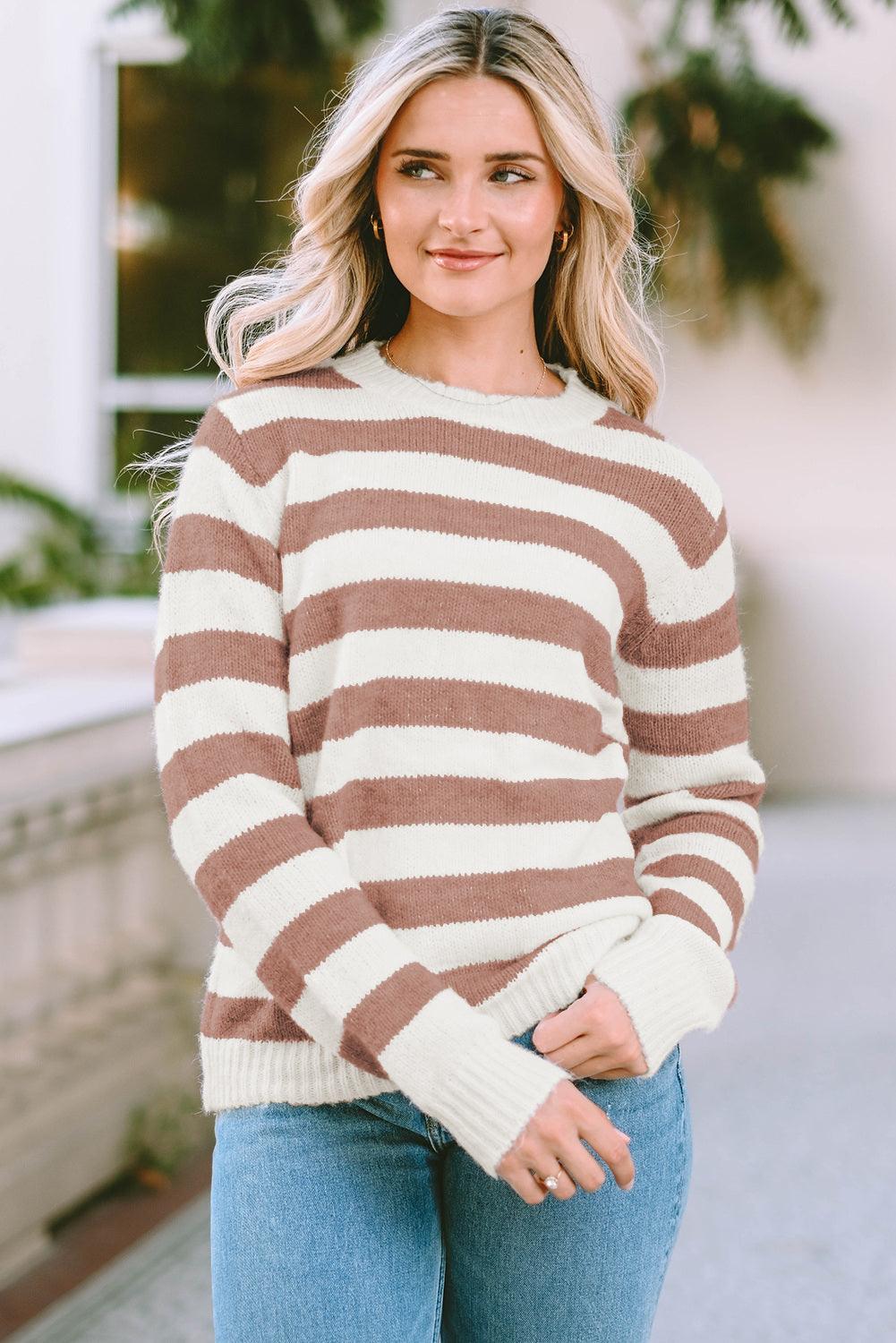 Striped Round Neck Long Sleeve Sweater - Crazy Like a Daisy Boutique #