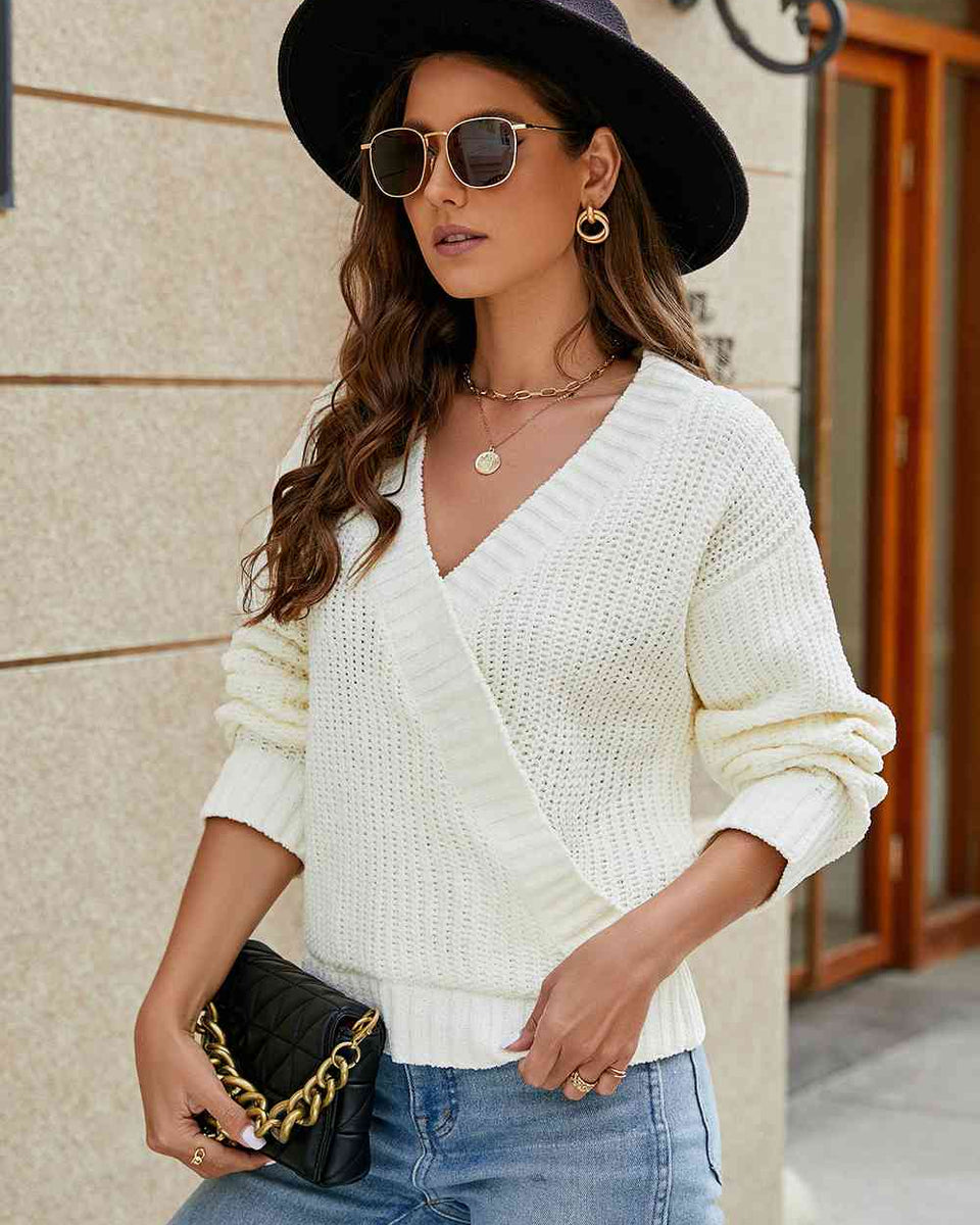 Openwork Surplice Long Sleeve Sweater - Crazy Like a Daisy Boutique