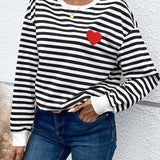 Heart Patch Striped Round Neck Long Sleeve Sweatshirt - Crazy Like a Daisy Boutique #