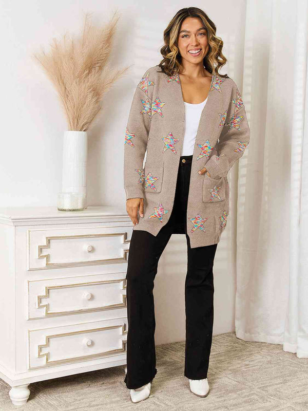 Star Pattern Open Front Cardigan with Pockets - Crazy Like a Daisy Boutique #