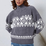 Zip-Up Geometrical Pattern Pullover Sweater - Crazy Like a Daisy Boutique #