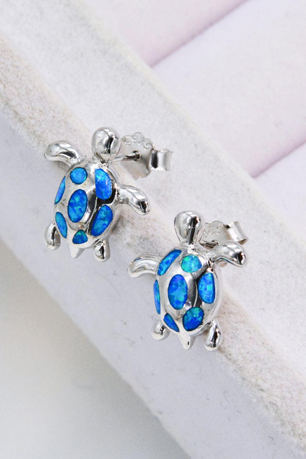 Blue Opal Turtle Platinum-Plated Stud Earrings - Crazy Like a Daisy Boutique #